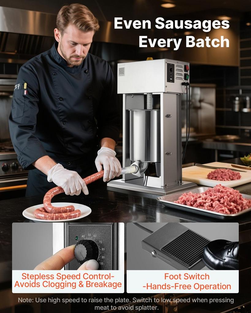 Electric Sausage Stuffer, 22 LBS / 10 L Vertical Meat Stuffer, Stepless Speed Control and Foot Pedal, Stainless Steel Heavy Duty Sausage Filler with 4