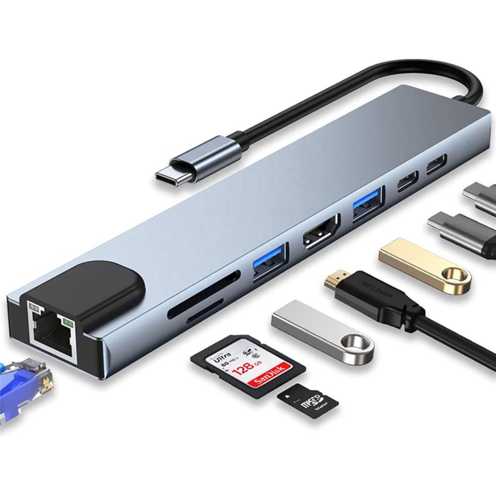 8 in 1 USB Type C To RJ45 Ethernet Adapter Hub with 4K HDMI,TF/ SD Card Reader, USB-C, PD Charging, 2 USB-A for MacBook and More