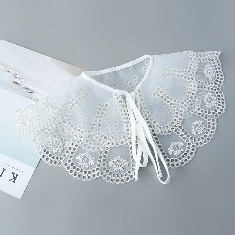 Linbaiway Double Layers Fake Collars Shawl Girls Hollow Out Removable Shirt Detachable Collar Women Lapel Blouse Lace-Up Scarf