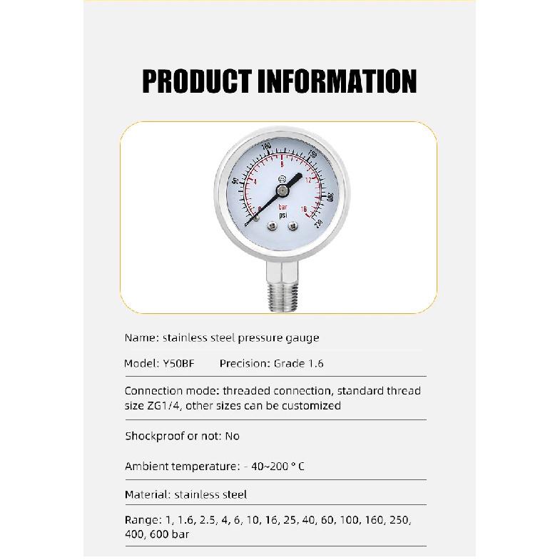MAIRUIKESI Stianless steel pressure gauges 50mm(2") Accuracy 2.5% Bottom Connection Hydraulic High water vacuum manometer