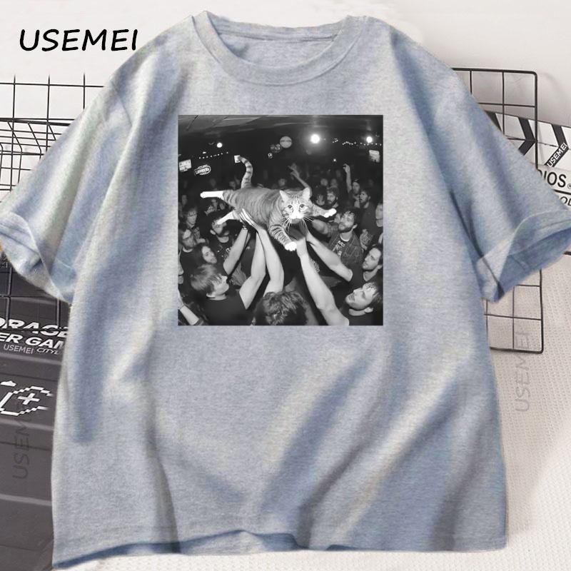 Rock Show Cat Meme Thirt Cute Surfing Tee Funny Gang Smoking Cat Tshirt Unisex Unisex Cotton Tees Short Sleeve High Quality Clothes