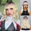 Ombre Brown Blonde Natural Wavy Short Bob Wig with Bangs Synthetic Fiber Cosplay Daily Wear Natural Water Wave Wig