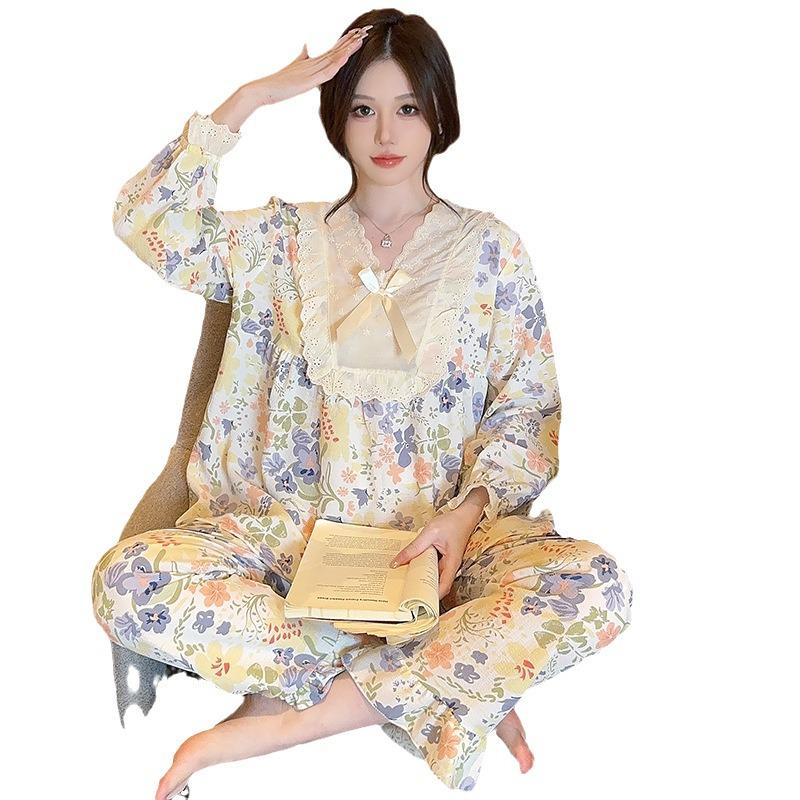 Женская пижама больших размеров: Милый принцессный стиль, кружево, длинные рукава - идеально для весны и осени