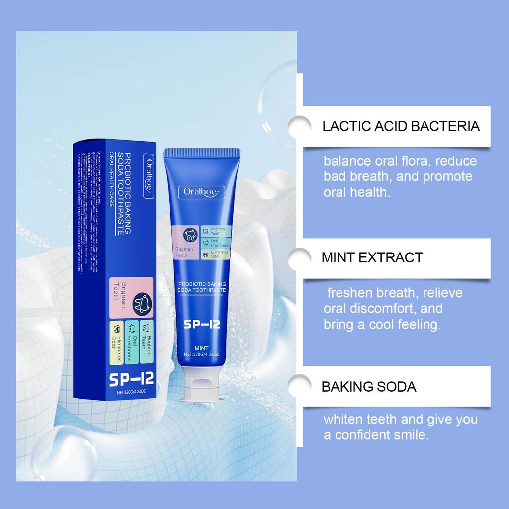 Baking Soda Probiotic Whitening Toothpaste Remove Yellow Teeth Stain Tartar Brighten Dental Protect Gum Fresh Mouth Oral Care