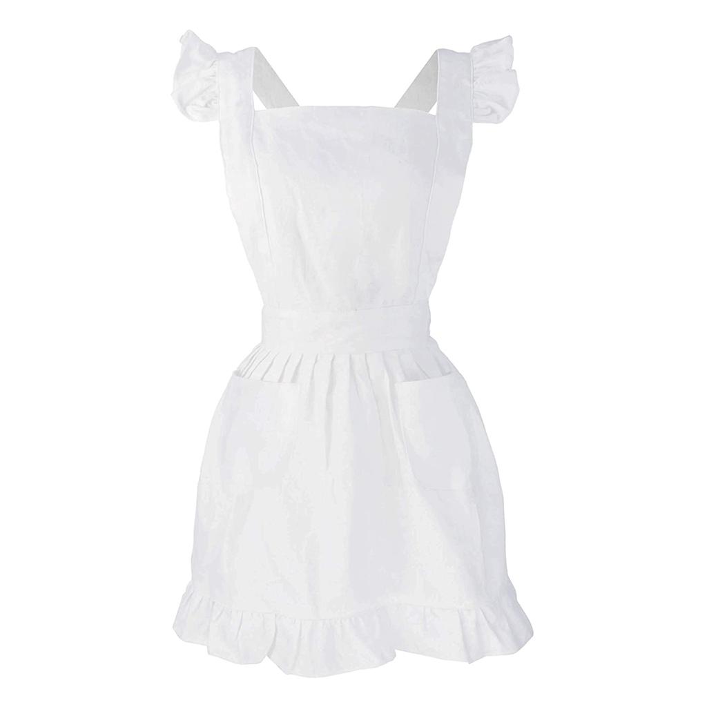 Womens Girls Ruffles Outline Retro White Apron with Pockets Adjustable Victorian Bib Maid Cosplay Kitchen Baking Costume