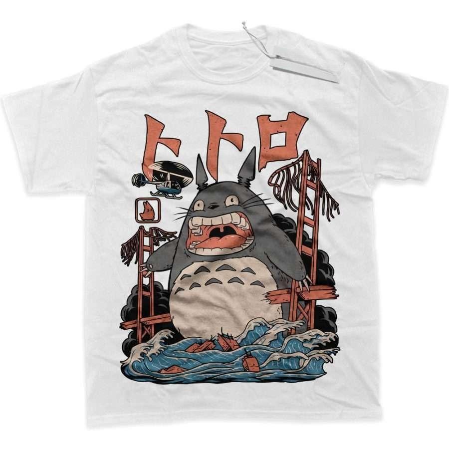 Mens T Shirt Sports T Shirt Short Sleeve T Shirt My Neighbor Totoro Grey Cat White Teeth Red Paper Planes Blue Wave Print