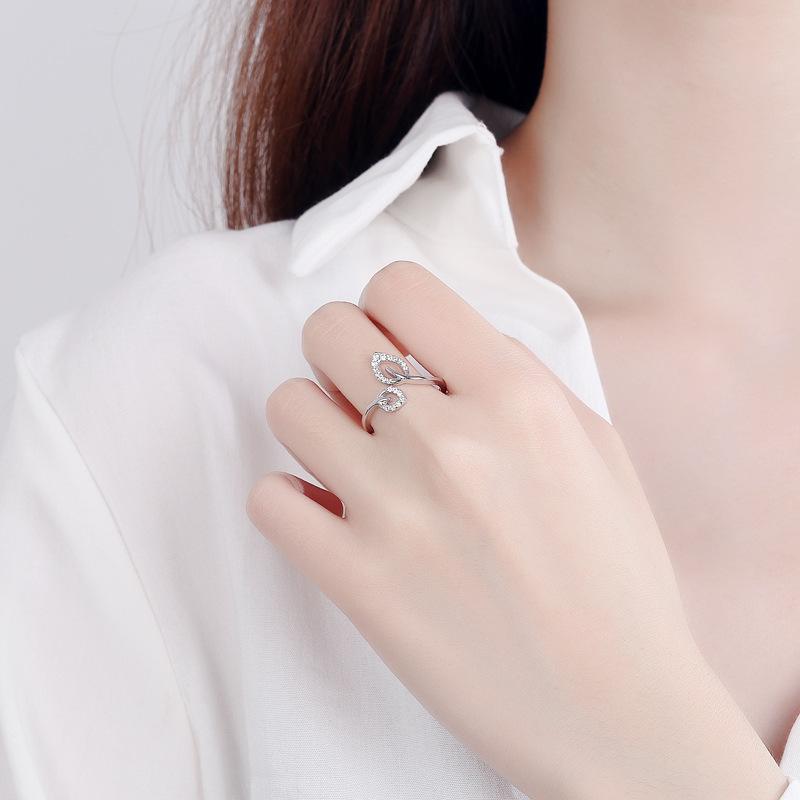 S925 Openning Silver Ring Leaf Diamond Female Ring Fashion Simple Hand Body Ornament