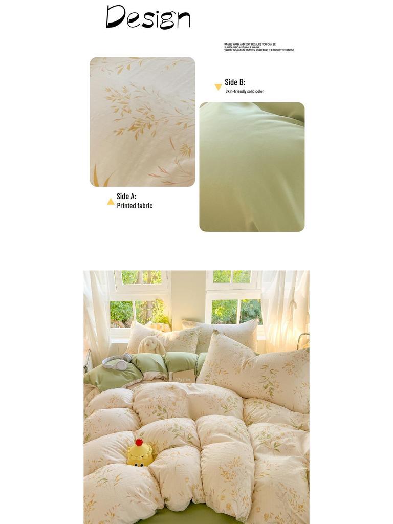 Class A Fresh Four-Piece Set: Washed Cotton Bed Sheet & Duvet Cover with Double Layer Gauze - Home Bedding Collection
