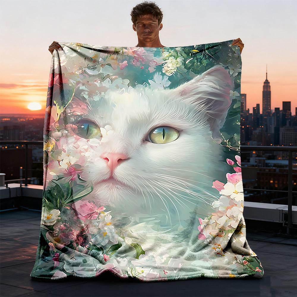 1pc Floral Cat Print Outdoor Flannel Blanket Soft All Season Polyester Throw , Perfect for Picnics & Travel , Picnic Accessory