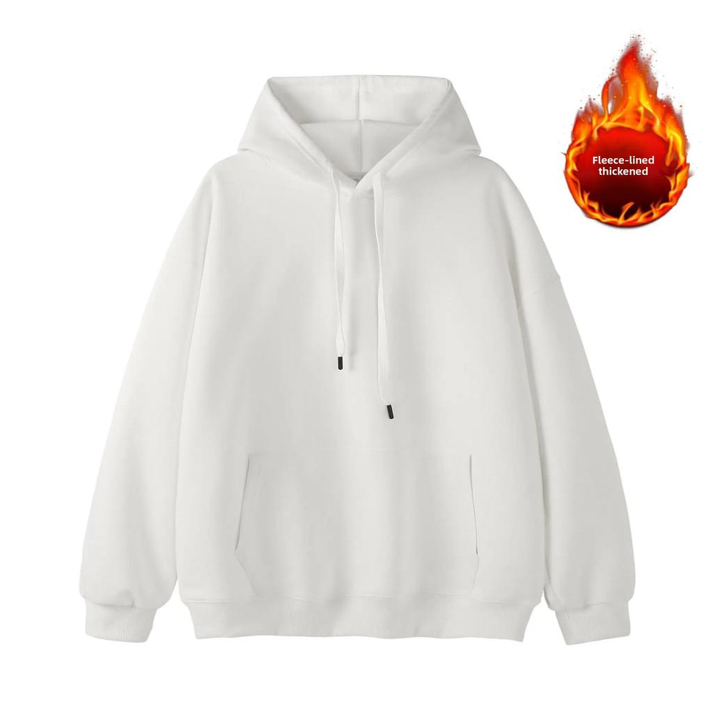 Autumn Winter Hooded Sweatshirt Thickened Long Sleeve Fleece Lined Pure Color Loose Fit Korean Style Casual Youth Fashion