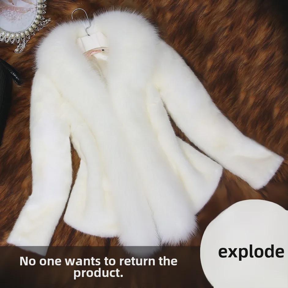 New Women's Short Faux Fur Jacket with Rex Rabbit & Fox Fur Collar, Slim Fit