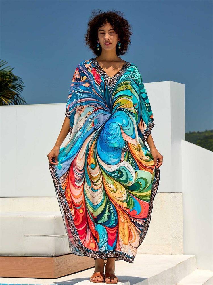 EDOLYNSA 2024 Boho Chic Printed V-образный вырез с рукавами «летучая мышь» Свободный кафтан Летний отпуск Пляжное платье Купальник Накидка Уютная домашняя одежда Халат Q1690