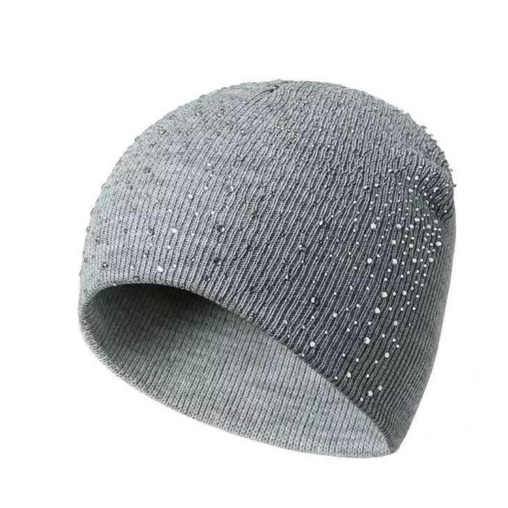 Rhinestone Decor Warm Winter Hat Stretchy Fit Winter Knitted Cap Outdoor Streetwear
