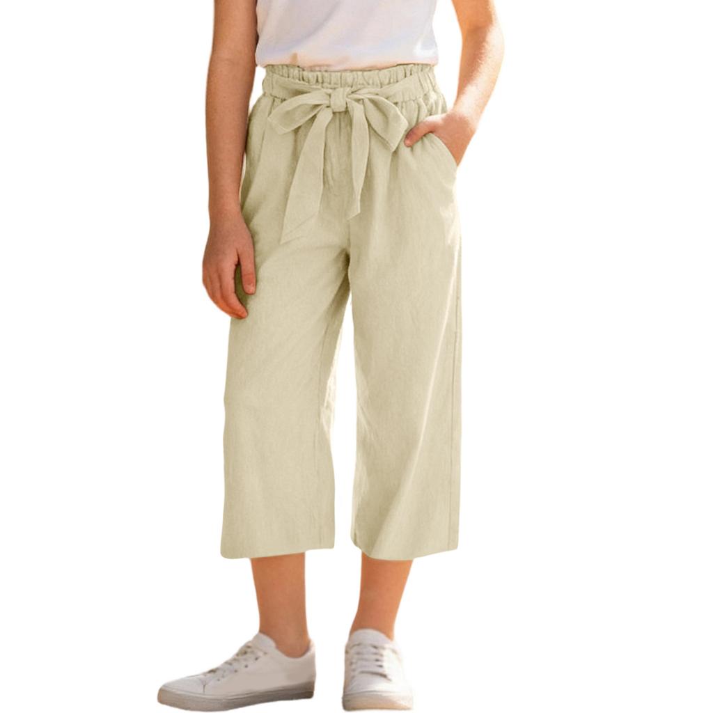 Girls' -Color Cotton-Linen Wide-Leg Loose-Fit Cropped Pants With Elastic Waistband