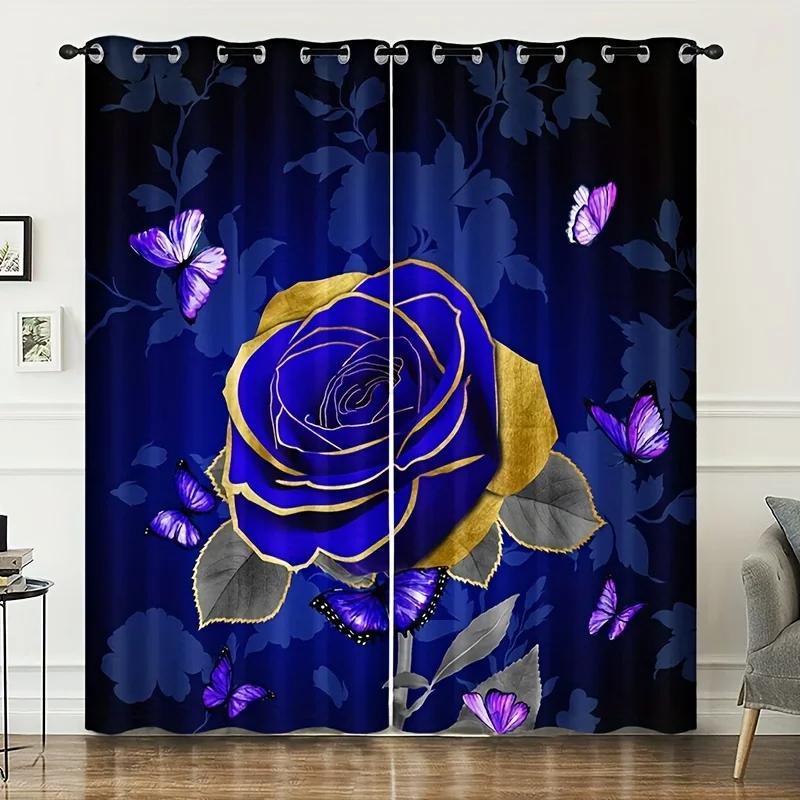 Blue Rose Butterfly High Shading Drapes Fashionable Printed Drape ideal for Bedroom Space Space Kitchen Area and Living Room Home Decor 2 Panels1