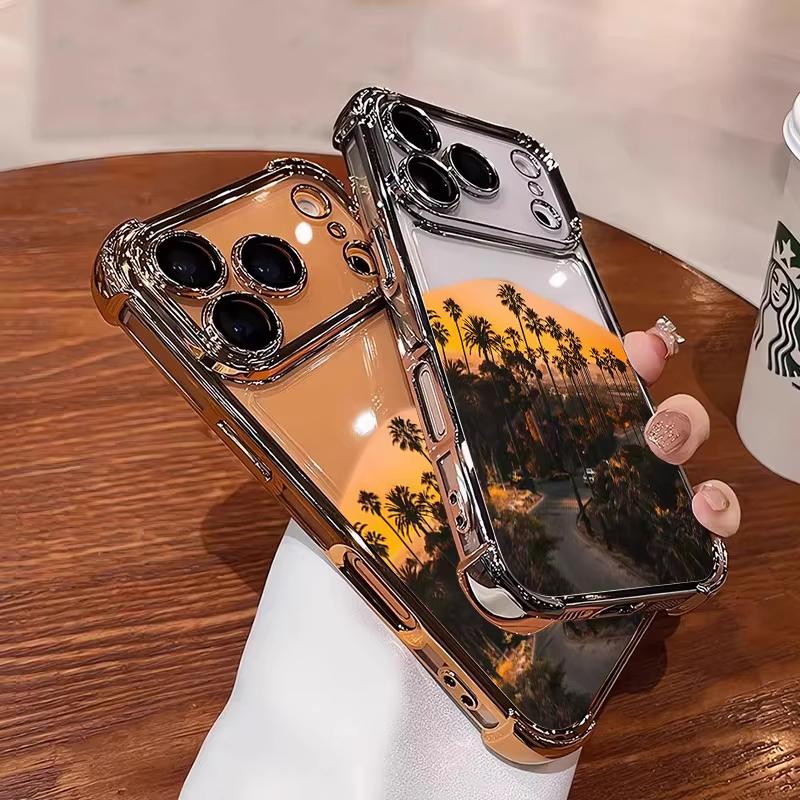 Ударопрочный чехол для телефона с узором «Западный закат» для iPhone 11 12 13 14 15 16 17 Pro Max Air Plus, гальванизированный прозрачный чехол