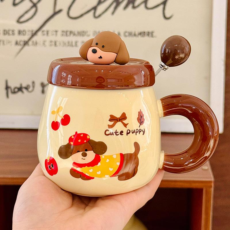 Cartoon Dachshund Puppy Ceramic Mug with Lid Spoon Cute Breakfast Cup Home Milk Oatmeal Cup Souvenir