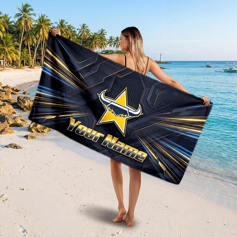North Queensland Cowboys Customized Name Text Beach Towel, Soft Absorbent Towel Beach Pool Travel Personal Gift
