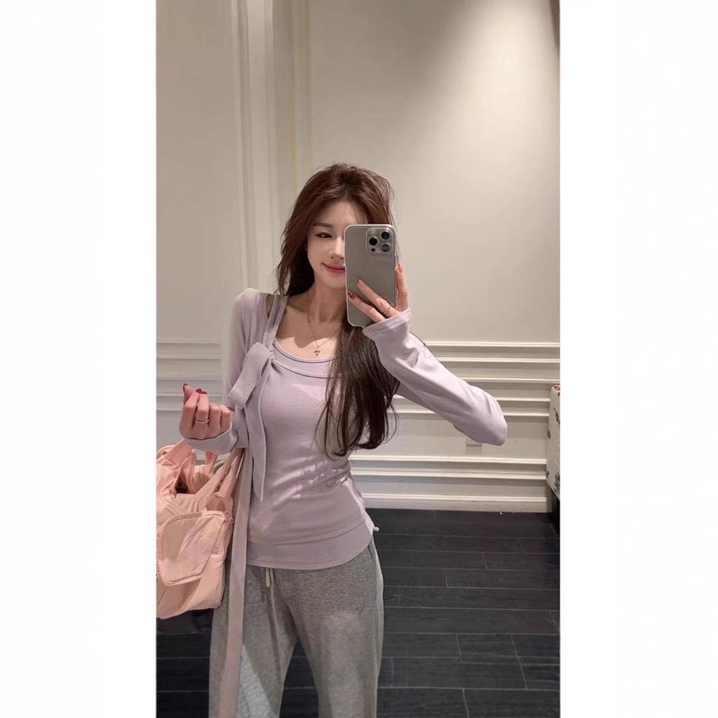 Женская весенняя ветрозащитная футболка с длинными рукавами и лентой, состоящая из двух частей