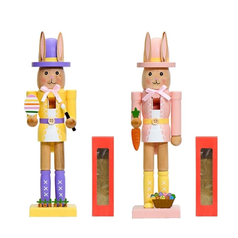 Artistic 12Inch Easters Rabbit Nutcrackers Wooden Figurine Ornament with Hat and Colorful Body for Holiday Decoration
