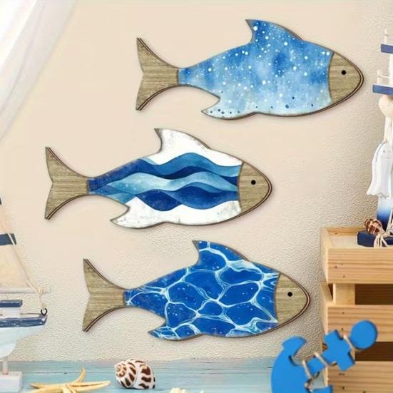 3 Pcs Vintage Beach Wall Decor Nautical Wooden Fish Wall Art Coastal Theme Blue Fish Wall Sculpture Lake House Ocean Ornaments for Bathroom Bedroom