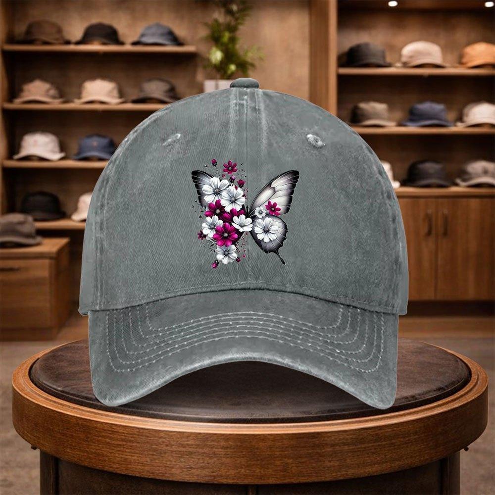 A Black And White Floral Butterfly Print Baseball Cap a Casual Duckbill Hat Stylish Headwear Adjustable for Outdoor Use Suit