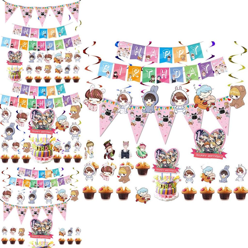 Праздничные принадлежности для дня рождения в тематике BTS с красочным топпером для торта и веселыми топперами для кексов