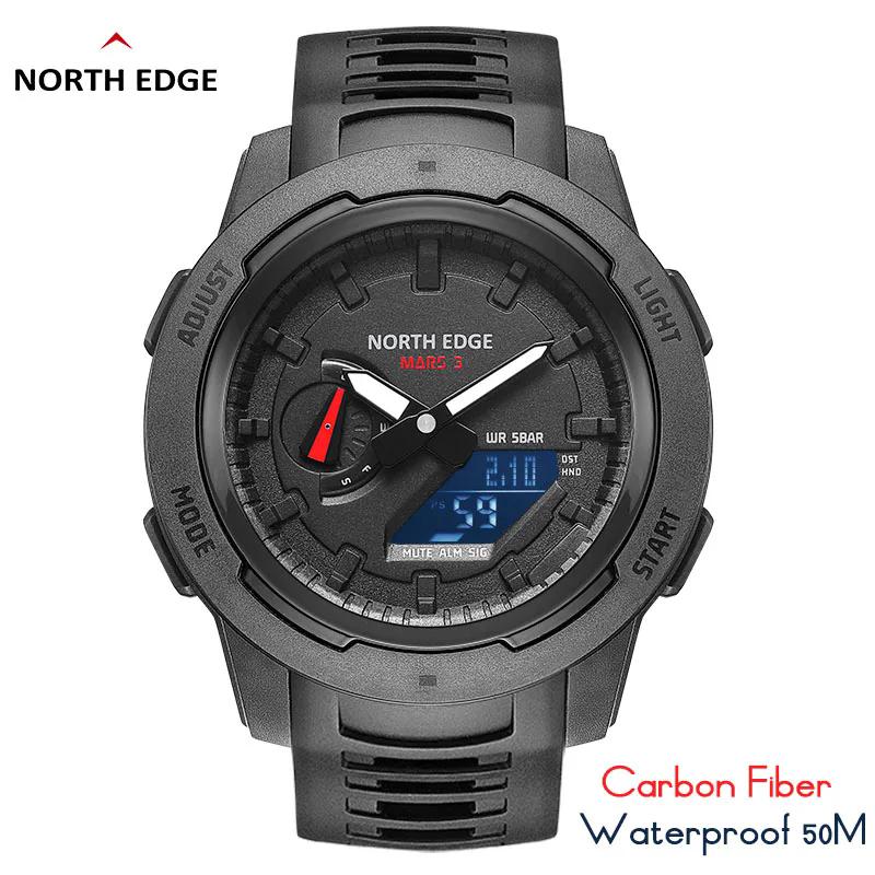 NORTH EDGE Mars 3 Men's Watch Digital Carbon Fiber Case for Man Waterproof 50M Outdoor Sports Watches World Time LED Wristwatch