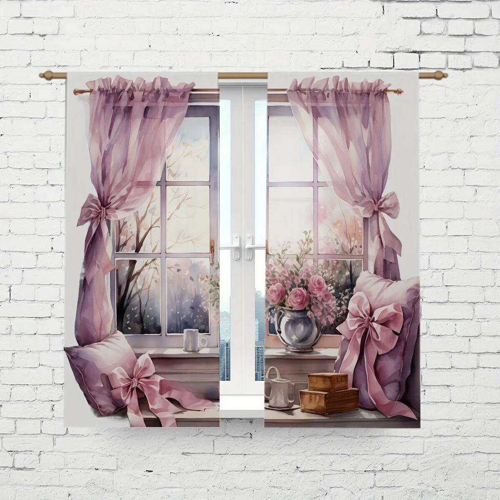 2 шт., полупрозрачные шторы с акварельным цветочным принтом, многосценные стержни, карманный декор, шторы для гостиной, спальни, домашний декор