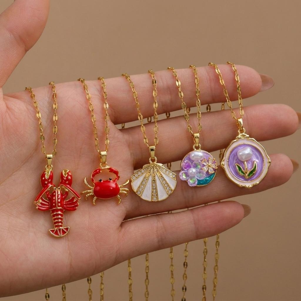 Summer Zircon Shell Pendant Necklace For Women Men Sea Animal Red Lobster Crab Stainless Steel Chain Collarbone Choker Jewelry