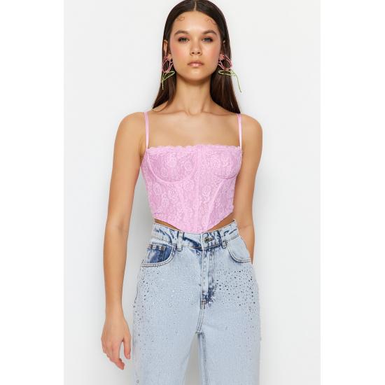 Crop Lined Corset Detailed Lace Bustier