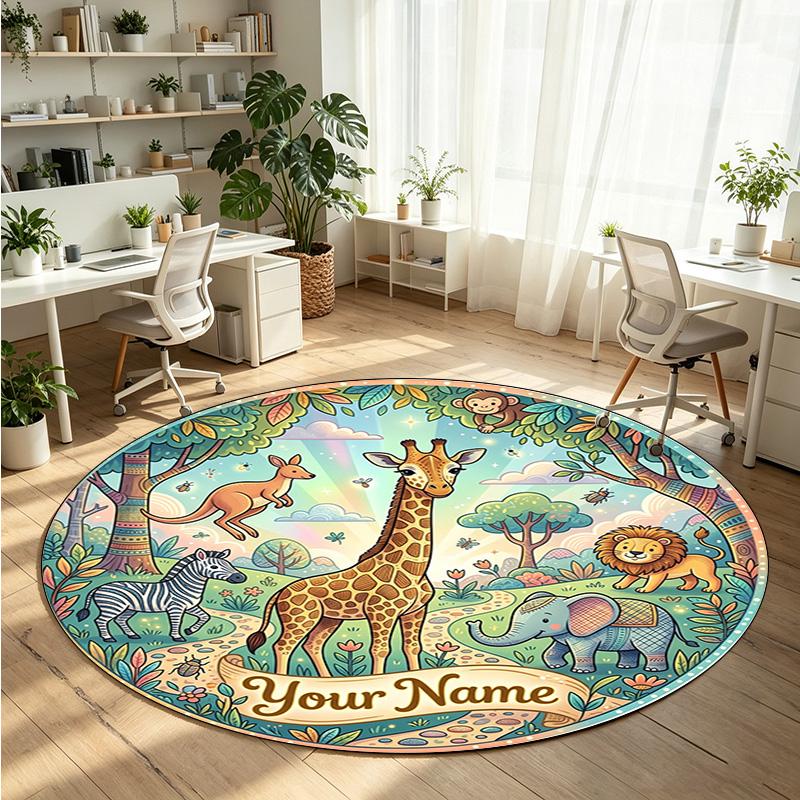 Wild Animals (298) Theme Round Crystal Velvet Rug Custom Name Text Personalized Floor Mat Home Decor Non Slip Crystal Carpet