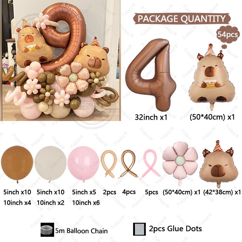 54pcs Retro Caramel Color Balloons Set Capybara Aluminum Foil Balloon Digital 1-9 Aluminum Film Ballons Birthday Party Supply