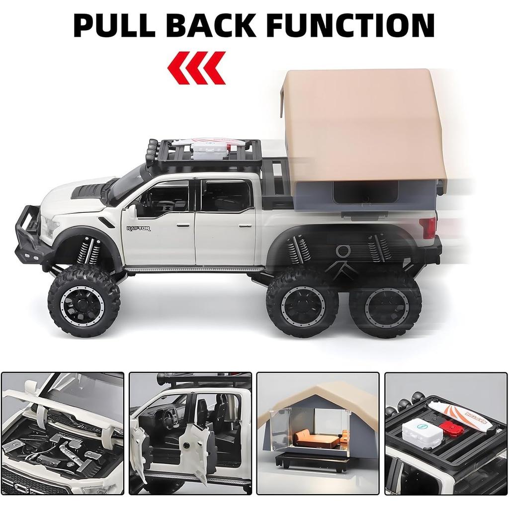 1/24 Ford F150 Raptor Diecast Trucks,  F150 Pickup Truck with Sightseeing Cabin, Pull Back Truck Toys with Light and Sound for Kids Ages 4-8