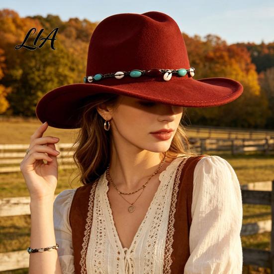 Classic Wide Brim Headgear Wool Felt Fedora, Unisex Western Cowboy Hat, Retro Elegant Cowgirl Hat Jazz for Women Men Autumn Winter Warm