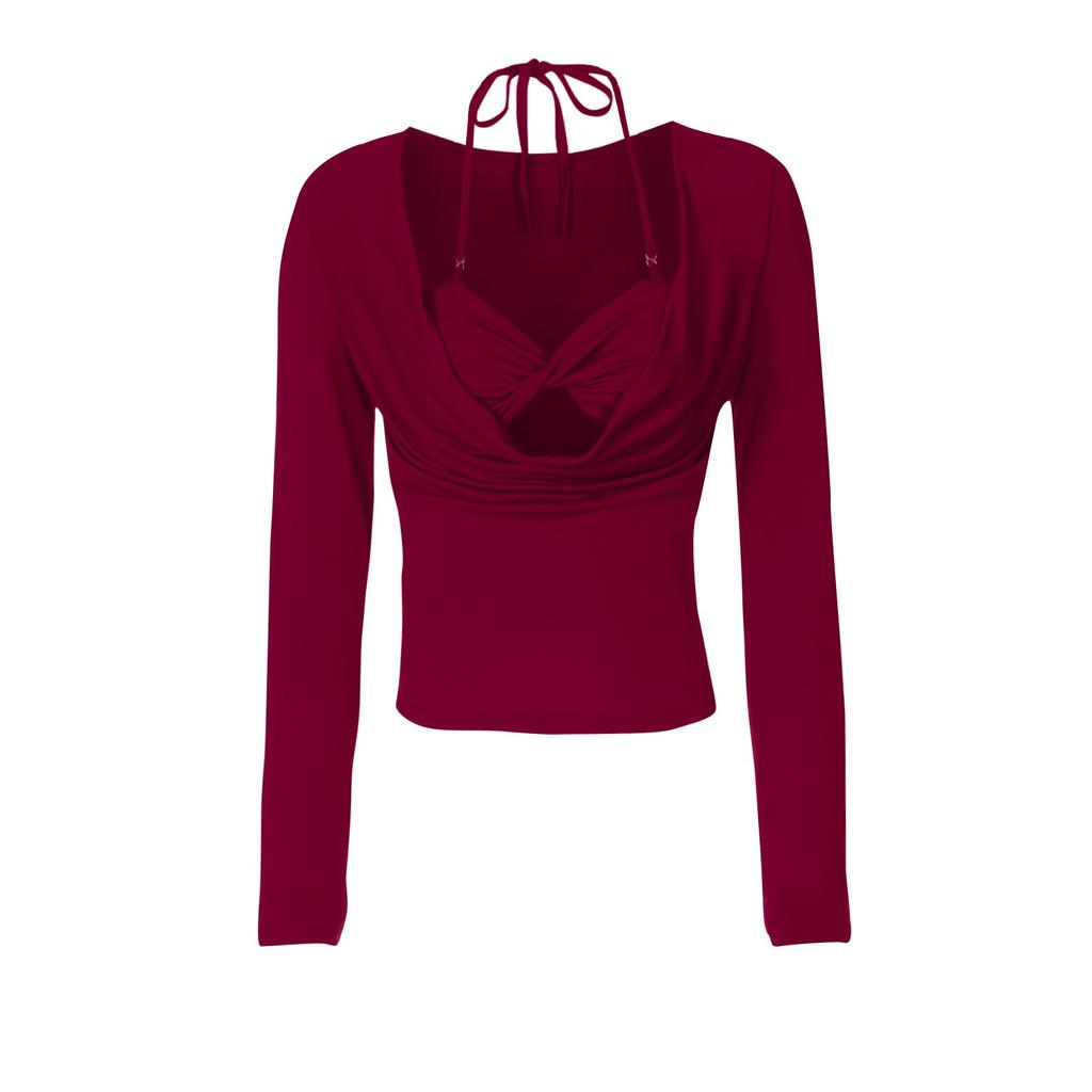 Женская сексуальная драпированная футболка с длинным рукавом и вырезом, облегающий топ с глубоким вырезом, рубашки для выхода в свет