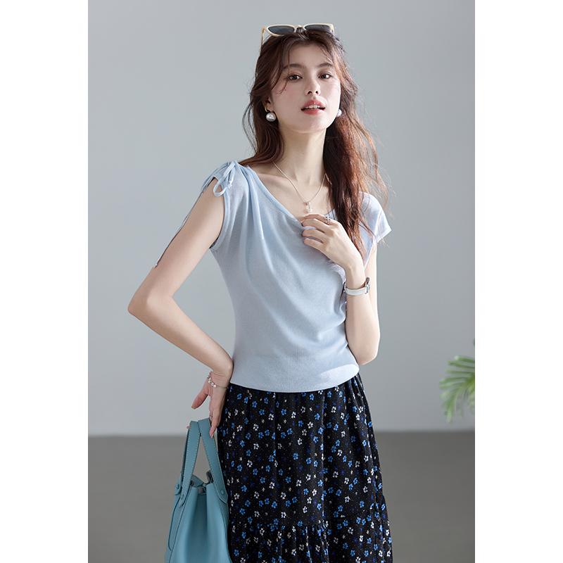 Light Oxygen Shallow Summer Lyocell Shoulder Drawstring Knitted Shirt