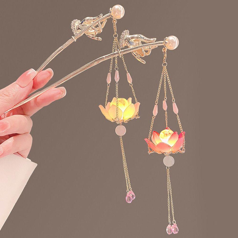 Pearl LED Light Hair Fork Lotus Luminous Lotus Hairpin Headwear Lantern Hair Stick Girls