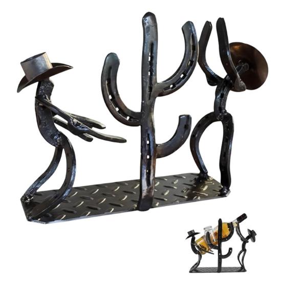 Western Cowboy Cactus Wine Bottle Rack Metal Tabletop Wine Holder with Glass Support Rustic Decorative Bar Accessory for Home Bar Restaurant Cafe