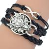 Women's Retro Wolf Head Charm Infinite Braided Faux Leather Wax Cord Bracelet