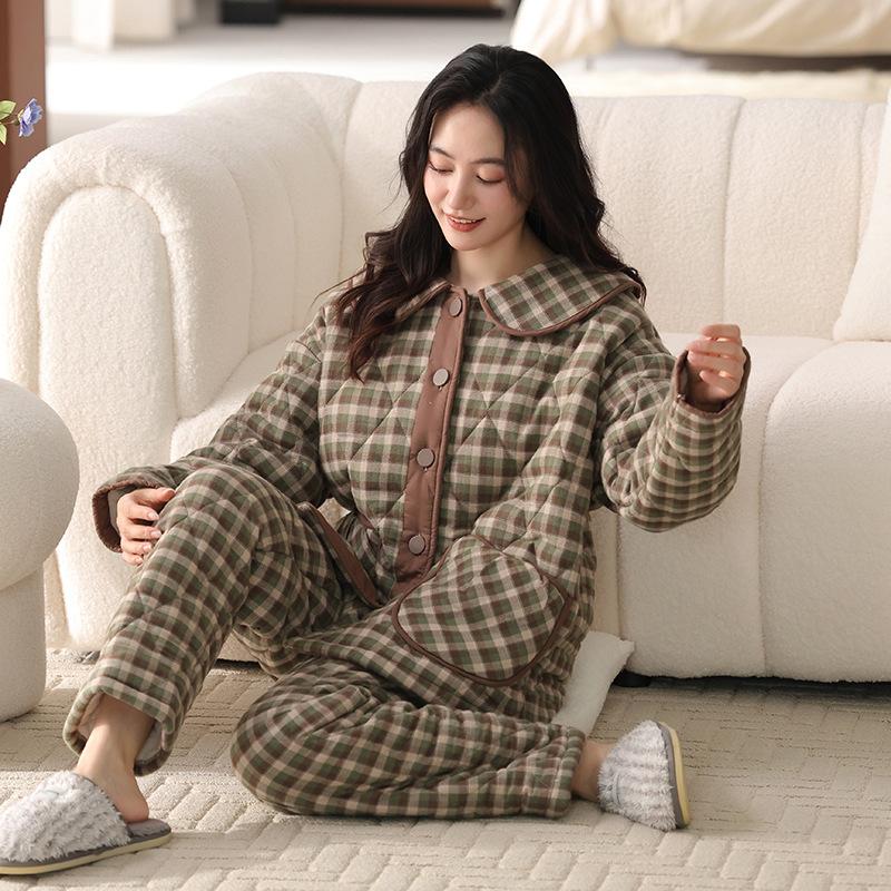Тканая пижама из чистого хлопка с подкладкой, женская зимняя трехслойная утолщенная и бархатная зимняя домашняя одежда, теплый костюм