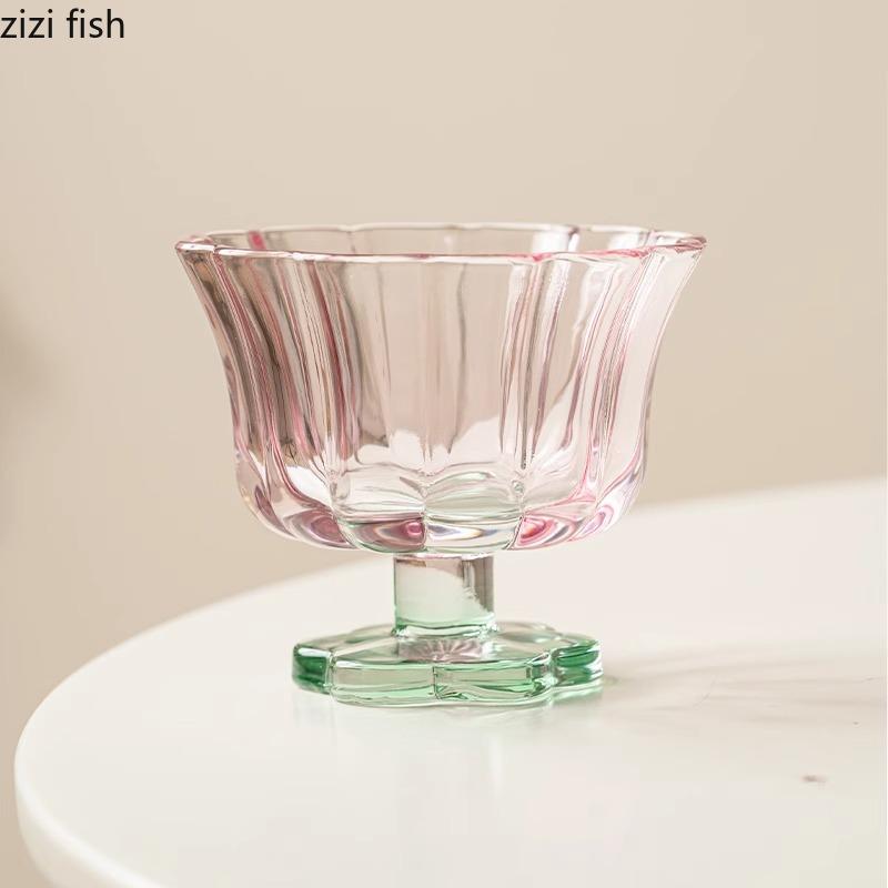 Creative Glass Flower Shaped Cup High Footed Yogurt Cup Dessert Cup Milk Beverage Cups Juice Cups Household Cute Water Cups