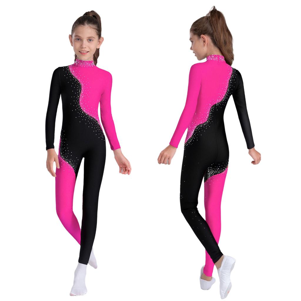 Девочки Комбинезон на все тело Блестящие стразы Блок цвета Воротник-стойка Длинный рукав Одежда для гимнастики
