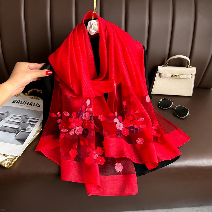 Elegant Silk Wool Embroidered Crabapple Flower Scarf - Double Layer, Thin, Large Shawl, Solid Color, All-Season Accessory.