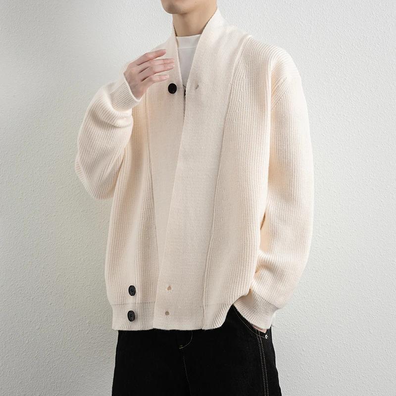 Весенне-осенняя мода V-образный вырез кардиганы-свитера мужские молодежная жизненная сила свободный вязаный свитер-пальто мужские однотонные вязаные кардиганы
