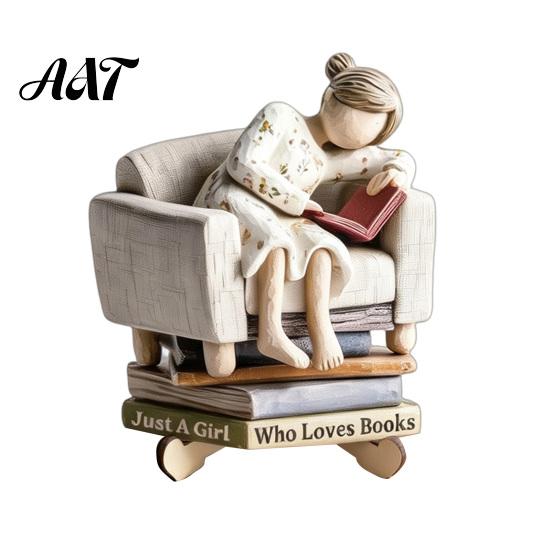 Exquisite Desktop Figurine Decor Wooden Reading Girl Figurine, Stable Pastoral Style Statue Decorative for Desk Decor, Artistic Healing Ornament,