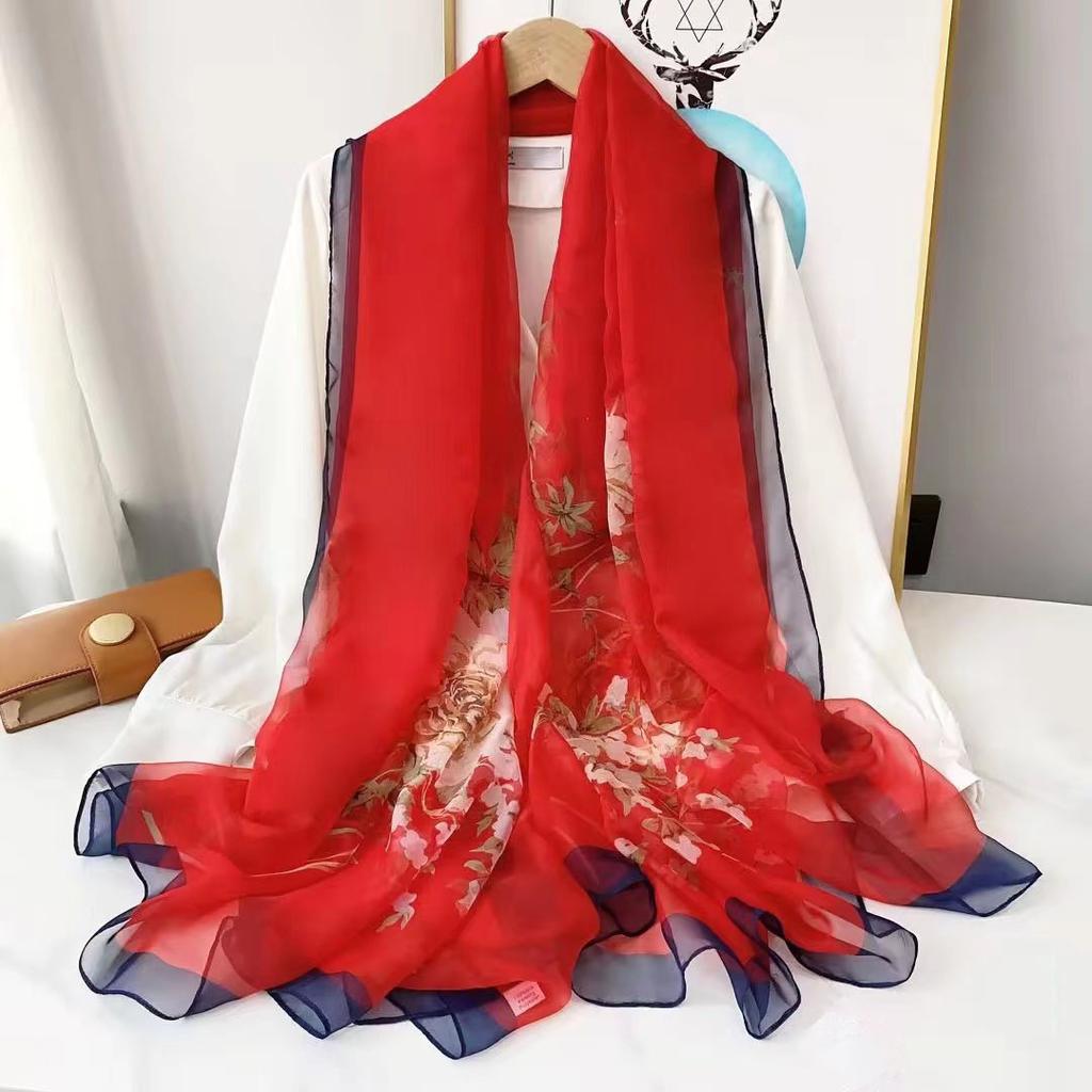 Women'S Scarf - Vibrant Red Gradient, Soft Lightweight Polyester Shawl with Feather Print, Breathable for Travel, Beach, Sun Protection