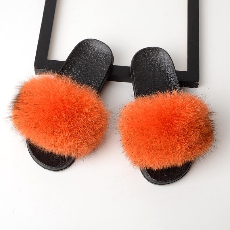 Furry Slippers for Women The Same Style In Summer Real Fox Fur Slippers Plus Size Female Sandals
