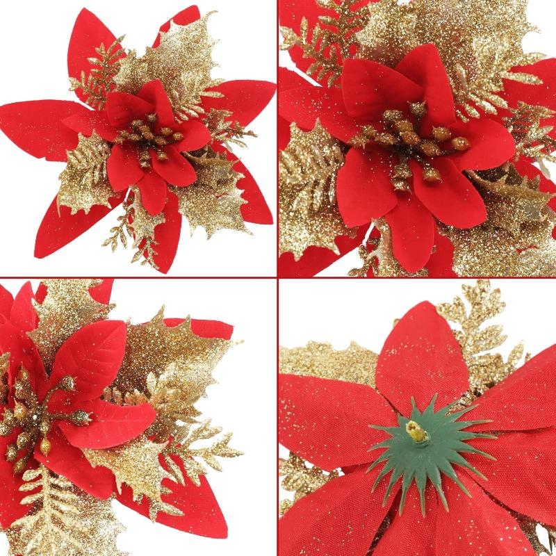 Artificial Poinsettia Christmas Flowers Red Gold Sparking Glitter Fake Flower for Xmas Tree Ornaments Florals Party Home Decor