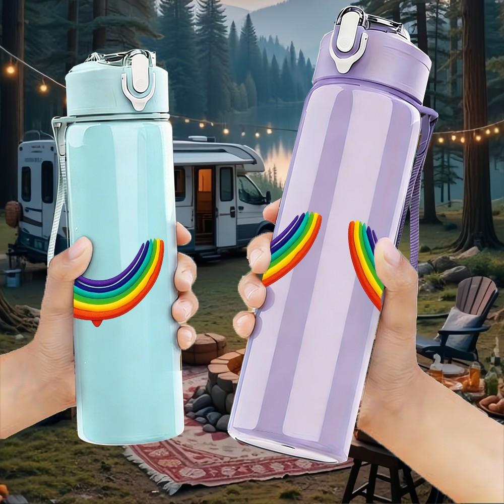 1PC Twin Rainbow Retro Stripes Print 750ml Color Plastic Sports Water Bottle Leakproof Flip Straw Lid Suitable for Sports Office Home Use